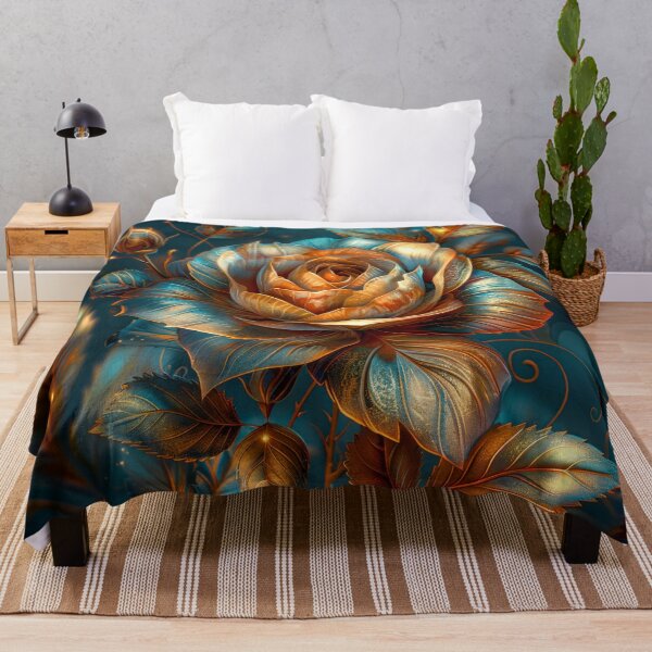 Item preview, Golden Blue Rose on Dark Teal Background – Vibrant Fantasy Floral Art designed and sold by MargaretWiktor.
