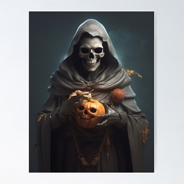 Item preview, Dark Hooded Skull Face - Boogie Man with Jack-o-Lantern designed and sold by Theos-Realm.
