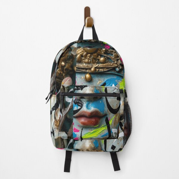 Item preview, Buddha face with eyes, Arabic writing, color smudges, white wildflowers, red lips, pink, green and blue smudges, and a golden crown on his head designed and sold by jotcar.