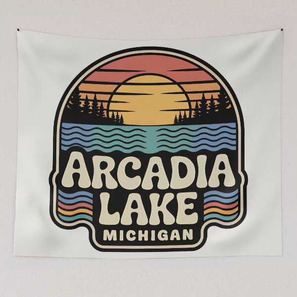 Item preview, Arcadia Lake, Michigan Retro Sunset designed and sold by TheOldMittenIllustrated.