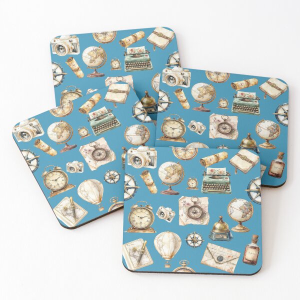 Item preview, Vintage Travel Adventure Pattern – Retro Explorer Map, Compass, Globe & Typewriter - BLUE designed and sold by PAPIRO SIGLO XXI.