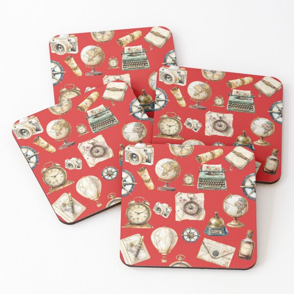 Item preview, Vintage Travel Adventure Pattern – Retro Explorer Map, Compass, Globe & Typewriter - RED designed and sold by PAPIRO SIGLO XXI.