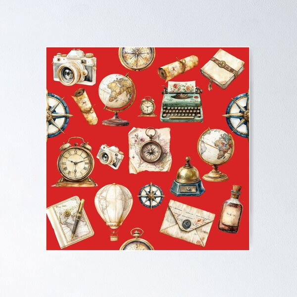 Item preview, Vintage Travel Adventure Pattern – Retro Explorer Map, Compass, Globe & Typewriter - RED designed and sold by PAPIRO SIGLO XXI.