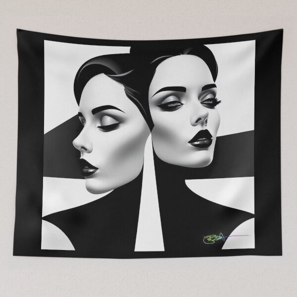 Item preview, Black and White Op Art Girl – Elegant Dual Portrait with Striped Illusion designed and sold by Benito Del Ray.