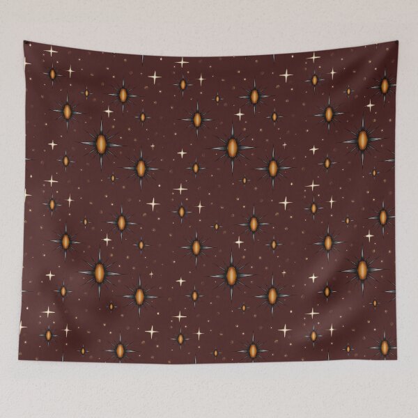 Item preview, Cosmic Golden Starburst Pattern: Mystical Star Jewels on Deep Maroon Space Background designed and sold by Vikiink.