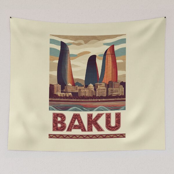 Item preview, Baku – Vintage travel illustration with skyline and waves designed and sold by Meiersbeste.