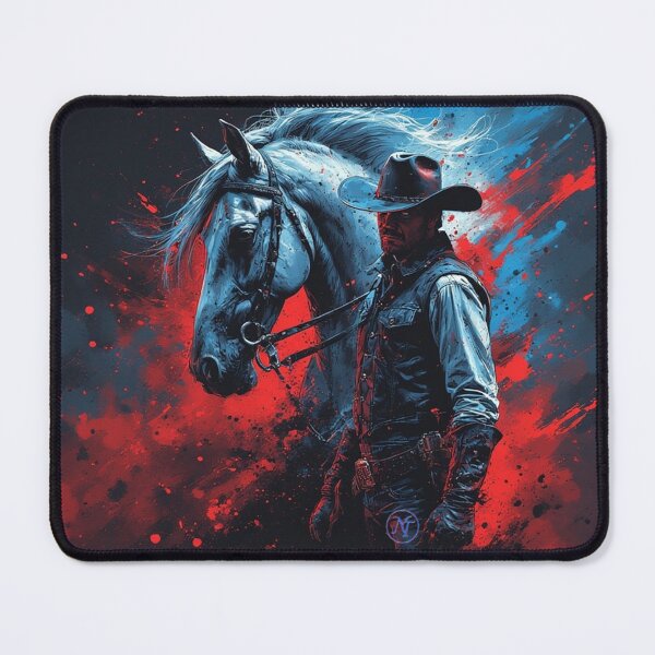 Item preview, Dark Cowboy and Horse – Western Rider with Abstract Red and Blue Splash by NegarTv Designs designed and sold by NegarTv Designs.