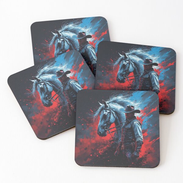 Artikelvorschau, Dunkler Cowboy und Pferd – Westernreiter mit abstraktem roten und blauen Spritzer von NegarTv Designs entworfen und verkauft von NegarTv Designs.