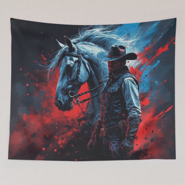 Item preview, Dark Cowboy and Horse – Western Rider with Abstract Red and Blue Splash by NegarTv Designs designed and sold by NegarTv Designs.