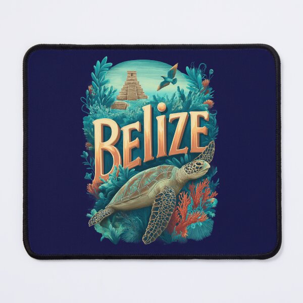 Item preview, Belize – Vintage illustration with sea turtle, coral reef and Mayan pyramid designed and sold by Meiersbeste.