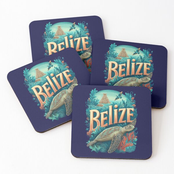 Item preview, Belize – Vintage illustration with sea turtle, coral reef and Mayan pyramid designed and sold by Meiersbeste.