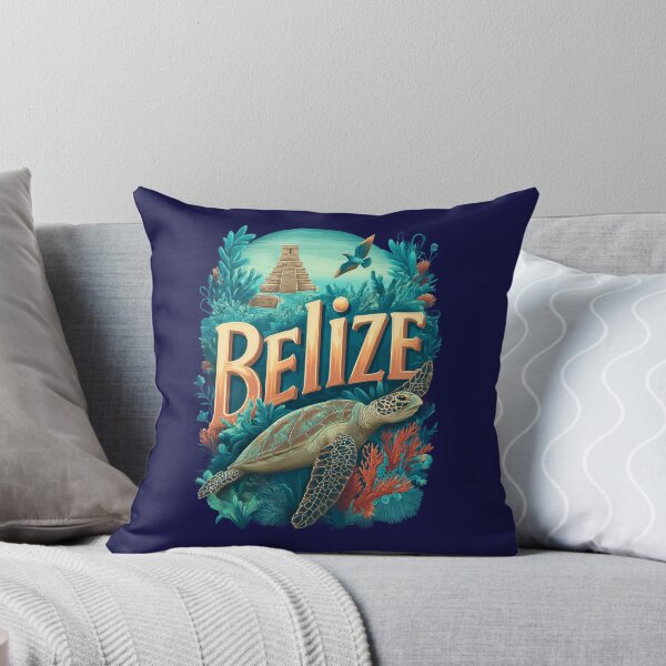 Item preview, Belize – Vintage illustration with sea turtle, coral reef and Mayan pyramid designed and sold by Meiersbeste.