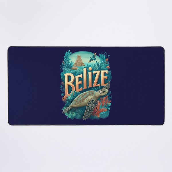 Item preview, Belize – Vintage illustration with sea turtle, coral reef and Mayan pyramid designed and sold by Meiersbeste.