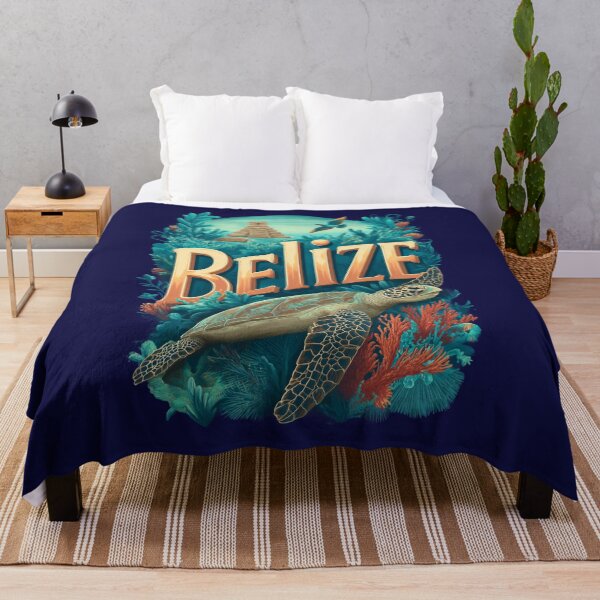 Item preview, Belize – Vintage illustration with sea turtle, coral reef and Mayan pyramid designed and sold by Meiersbeste.