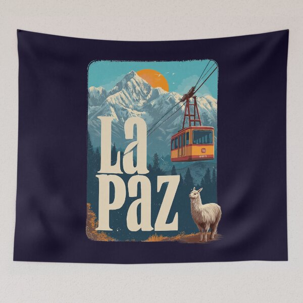Item preview, La Paz – Vintage illustration with cable car, Andes and llama (Bolivia) designed and sold by Meiersbeste.
