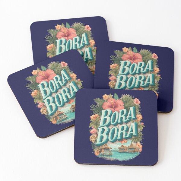 Item preview, Bora Bora – Vintage illustration with hibiscus flowers and overwater bungalows designed and sold by Meiersbeste.