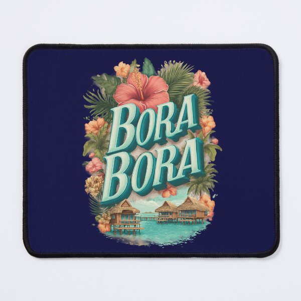 Item preview, Bora Bora – Vintage illustration with hibiscus flowers and overwater bungalows designed and sold by Meiersbeste.
