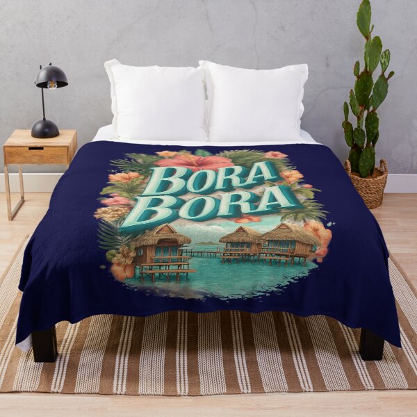 Item preview, Bora Bora – Vintage illustration with hibiscus flowers and overwater bungalows designed and sold by Meiersbeste.
