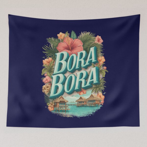 Item preview, Bora Bora – Vintage illustration with hibiscus flowers and overwater bungalows designed and sold by Meiersbeste.