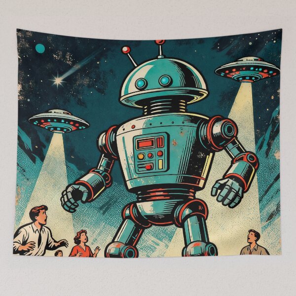 Aperçu de l'œuvre Affiche rétro de robot extraterrestre créée et vendue par OniricaDesign.