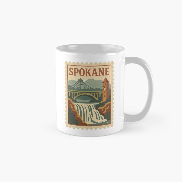 Artikelvorschau, Vintage-Briefmarke von Spokane | Retro-Reiseplakat aus Washington | Moderne Stadtbildkunst der Mitte des Jahrhunderts | Flussufer- und Bergdesign | Sammlerstück-USA-Druck entworfen und verkauft von PaintedPixels01.