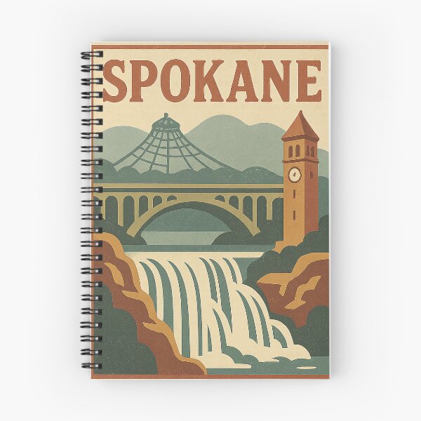 Item preview, Vintage Stamp of Spokane | Retro Washington Travel Poster | Mid-Century Modern Cityscape Art | Riverfront & Mountain Design | Collectible USA Print designed and sold by PaintedPixels01.