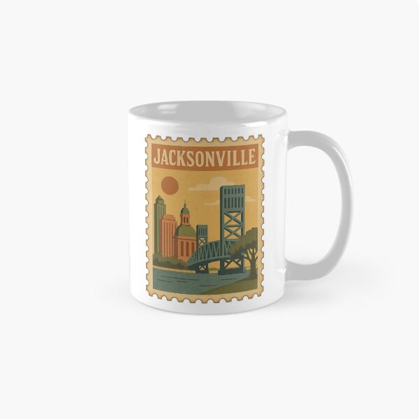 Artikelvorschau, Vintage-Briefmarke von Jacksonville | Retro-Reiseposter aus Florida | Moderne Stadtbildkunst der Mitte des Jahrhunderts | Flussufer- und Küstendesign | Sammlerstück-Druck aus den USA entworfen und verkauft von PaintedPixels01.