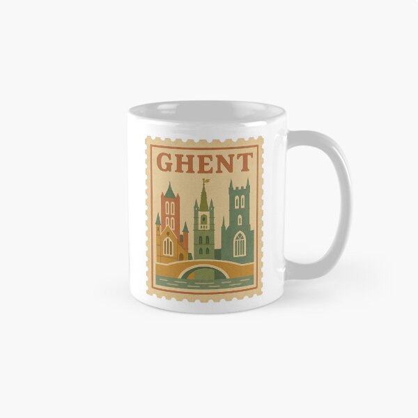 Artikelvorschau, Vintage-Briefmarke von Gent | Retro-Reiseplakat aus Belgien | Moderne Stadtbildkunst der Mitte des Jahrhunderts | Kanäle und historisches Architekturdesign | Europäischer Sammeldruck entworfen und verkauft von PaintedPixels01.
