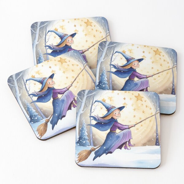 Item preview, Winter Witch Flying Under the Stars | Magical Snowy Night Illustration designed and sold by ArtBySylvia.