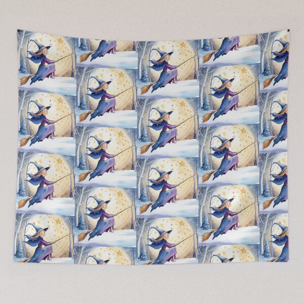 Item preview, Winter Witch Flying Under the Stars | Magical Snowy Night Illustration designed and sold by ArtBySylvia.
