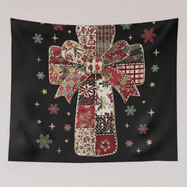 Item preview, Patchwork Cross with Christmas Bow | Rustic Holiday Christian Design | Vintage Christmas Cross Art designed and sold by MefferR.