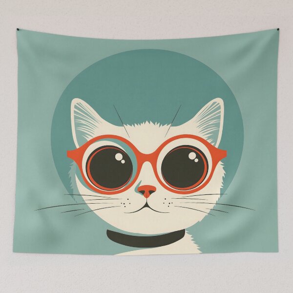 Item preview, ZOOMIES! Cute white retro cat with red glasses designed and sold by PostcardsfromtheLaundromat.