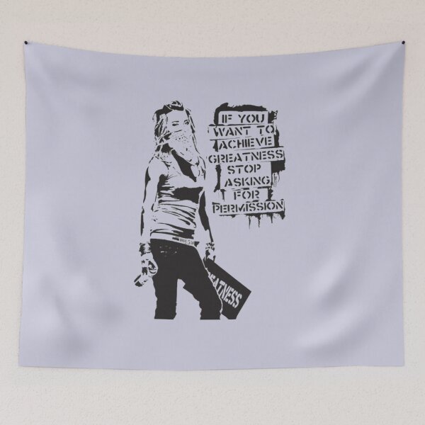 Item preview, Banksy quote graffiti If You Want to Achieve Greatness stop asking for permission black and white with Banksy tag signature HD designed and sold by CollinsBrisa.