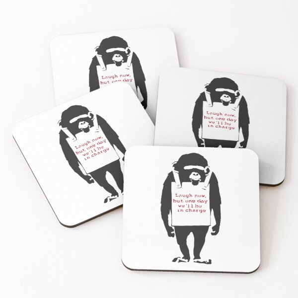 Item preview, Banksy Quote Monkey Chimpanze Laugh Now, but one day we'll be in charge Graffiti Street art with Banksy signature tag and funny red stripes  designed and sold by CollinsBrisa.