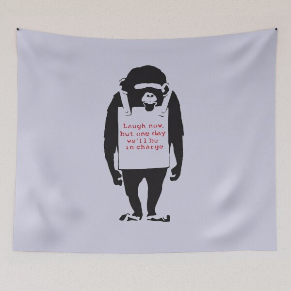 Item preview, Banksy Quote Monkey Chimpanze Laugh Now, but one day we'll be in charge Graffiti Street art with Banksy signature tag and funny red stripes  designed and sold by CollinsBrisa.
