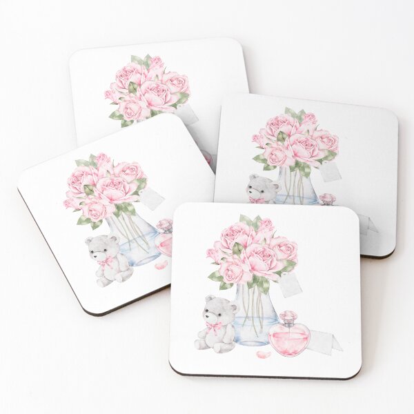 Item preview, Delicate watercolor illustration with a glass vase filled with pink roses, teddy Bear and heart Shaped perfume bottle. Romantic and elegant design ideal for Valentine cards designed and sold by eves_aquadreams.