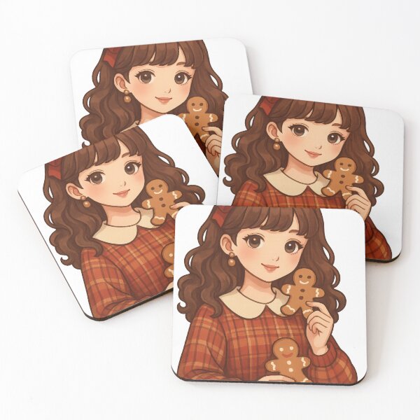 Item preview, Kawaii Christmas Girl Illustration: Cute Anime Character with Gingerbread Cookies in Festive Plaid Dress designed and sold by Catherine1430.