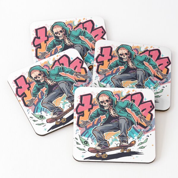 Item preview, Vibrant Urban Skeleton Skater in Neon Graffiti Night Scene with Hoodie and Dynamic Skateboard Artwork designed and sold by KanDa-Shop.