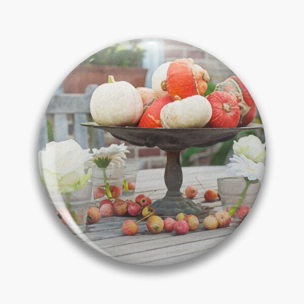 Item preview, Decorative Autumn Table Setting with Pumpkins and Flowers Outdoors in watercolor designed and sold by FotoMahieu.