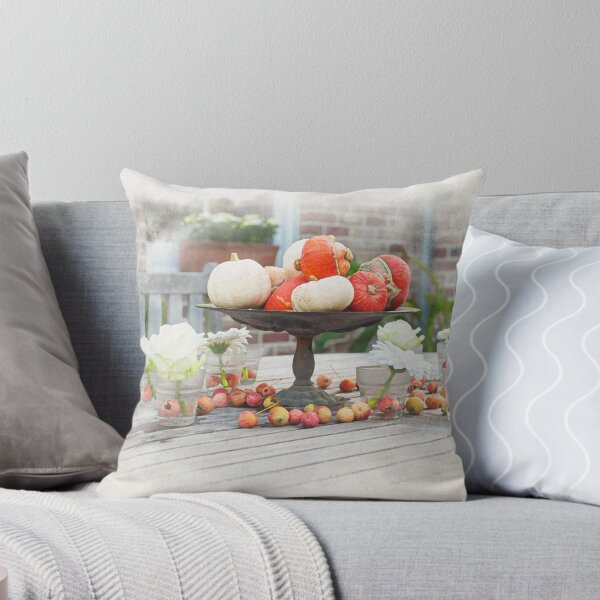 Item preview, Decorative Autumn Table Setting with Pumpkins and Flowers Outdoors in watercolor designed and sold by FotoMahieu.