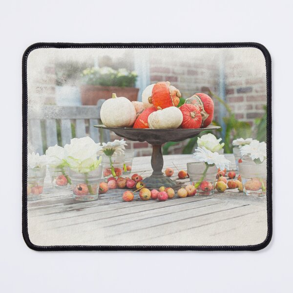 Item preview, Decorative Autumn Table Setting with Pumpkins and Flowers Outdoors in watercolor designed and sold by FotoMahieu.