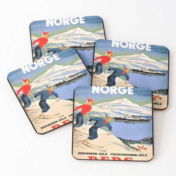Item preview, Vintage Travel Poster Norway | Mid-Century Skiing & Ferry Adventure | DFDS Scandinavian Art | Snowy Mountains  Fjord designed and sold by artofuniverse.