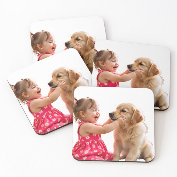 Item preview, Pure joy – laughing baby with golden retriever puppy cute friendship art designed and sold by AwesomeDigiShop.
