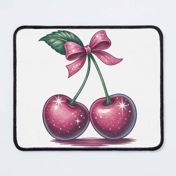Item preview, Sparkling Pink Cherries with Bow and Leaf designed and sold by ArtfulWeave.