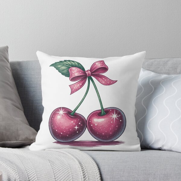 Item preview, Sparkling Pink Cherries with Bow and Leaf designed and sold by ArtfulWeave.