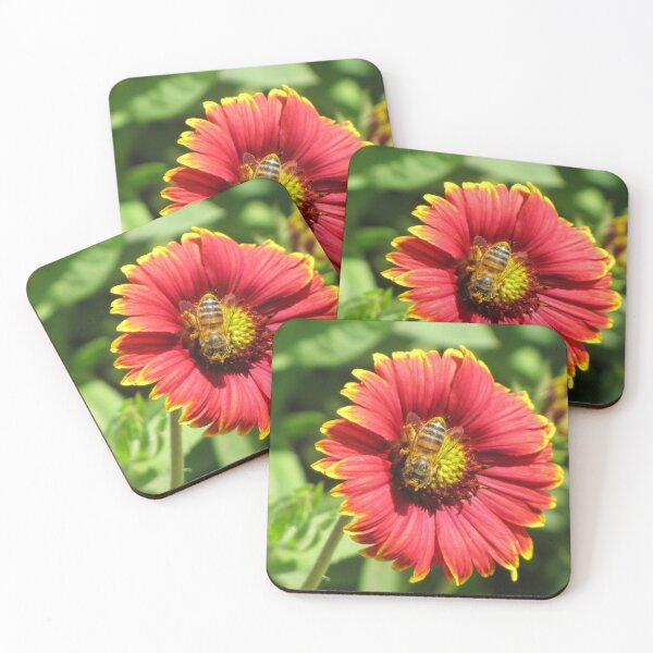 Item preview, Bee on Red Zinnia Flower Collecting Nectar in Bright Garden Morning designed and sold by Nmallia.
