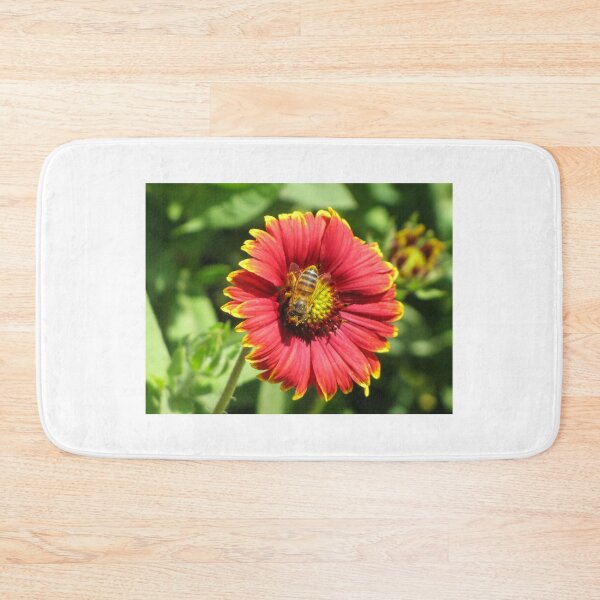 Item preview, Bee on Red Zinnia Flower Collecting Nectar in Bright Garden Morning designed and sold by Nmallia.
