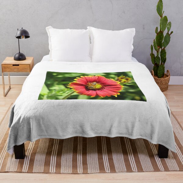 Item preview, Bee on Red Zinnia Flower Collecting Nectar in Bright Garden Morning designed and sold by Nmallia.