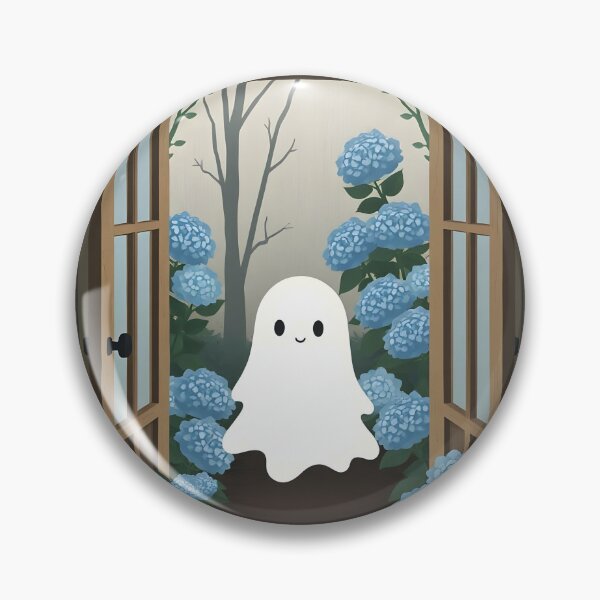 Item preview, Smiling Ghost Walking into Door with Hydrangeas – Dreamy Cute Illustration designed and sold by EmeraldeaArt.