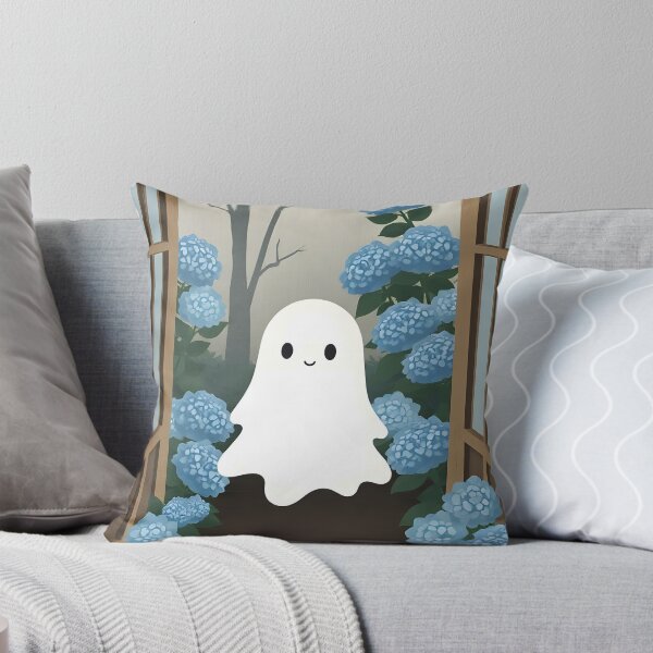 Item preview, Smiling Ghost Walking into Door with Hydrangeas – Dreamy Cute Illustration designed and sold by EmeraldeaArt.